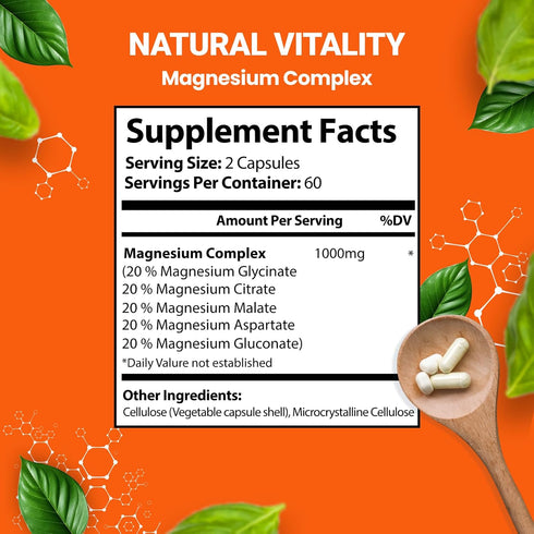 Magnesium Glycinate Citrate Malate Aspartate Gluconate, 5 in 1 Formula, 120 Purified Veggie Capsule, 1000 mg, Gluten Free, Non-GMO, 60 Days Serving